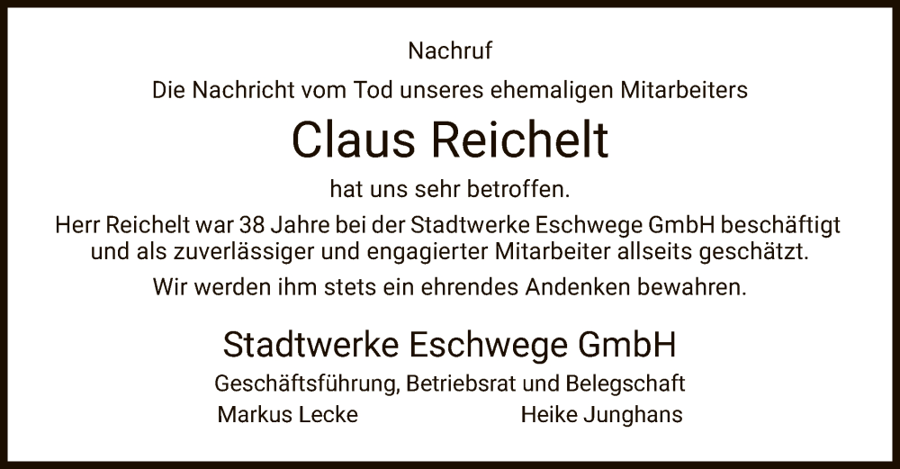  Traueranzeige für Claus Reichelt vom 11.08.2022 aus WRS