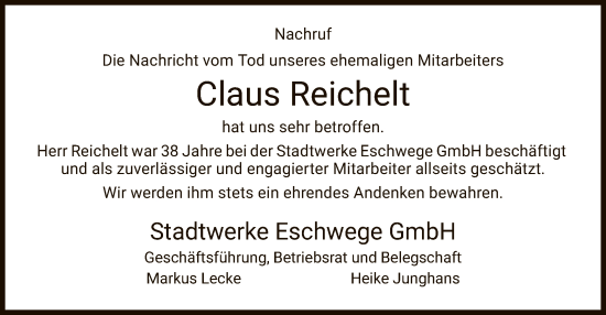 Traueranzeige von Claus Reichelt von WRS