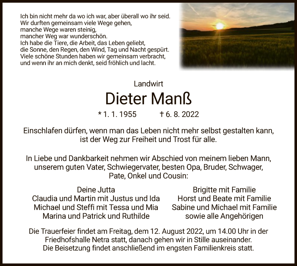  Traueranzeige für Dieter Manß vom 10.08.2022 aus WRS