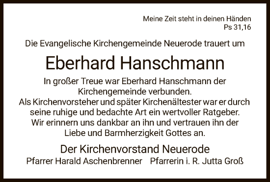 Traueranzeige von Eberhard Hanschmann von WRS