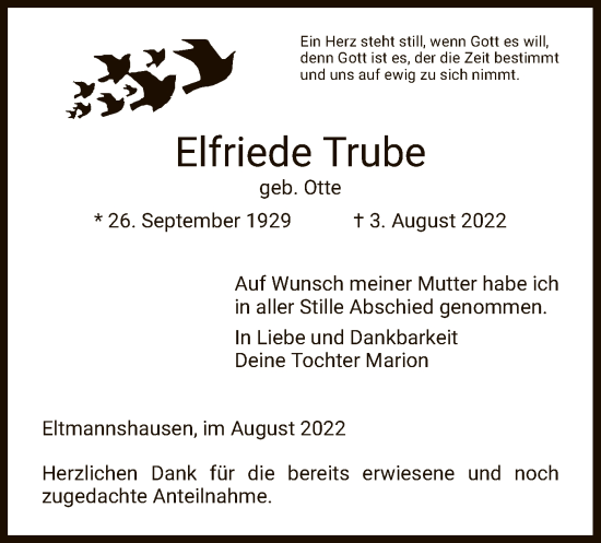 Traueranzeige von Elfriede Trube von WRS