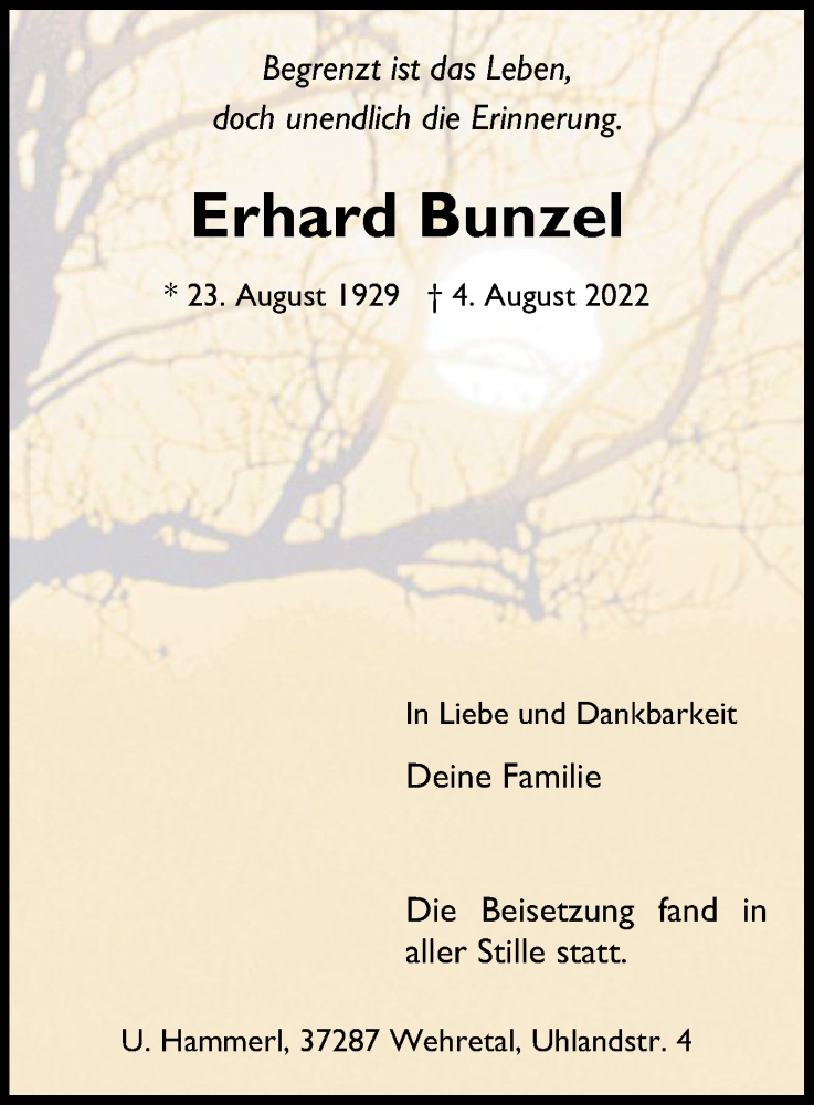  Traueranzeige für Erhard Bunzel vom 13.08.2022 aus WRS