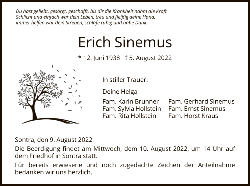  Traueranzeige für Erich Sinemus vom 09.08.2022 aus HNA