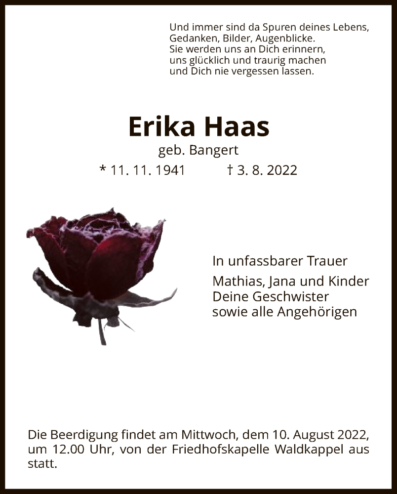  Traueranzeige für Erika Haas vom 06.08.2022 aus WRS