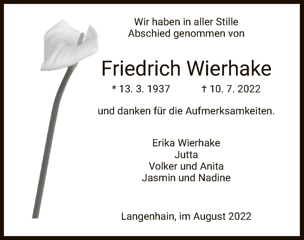  Traueranzeige für Friedrich Wierhake vom 06.08.2022 aus WRS
