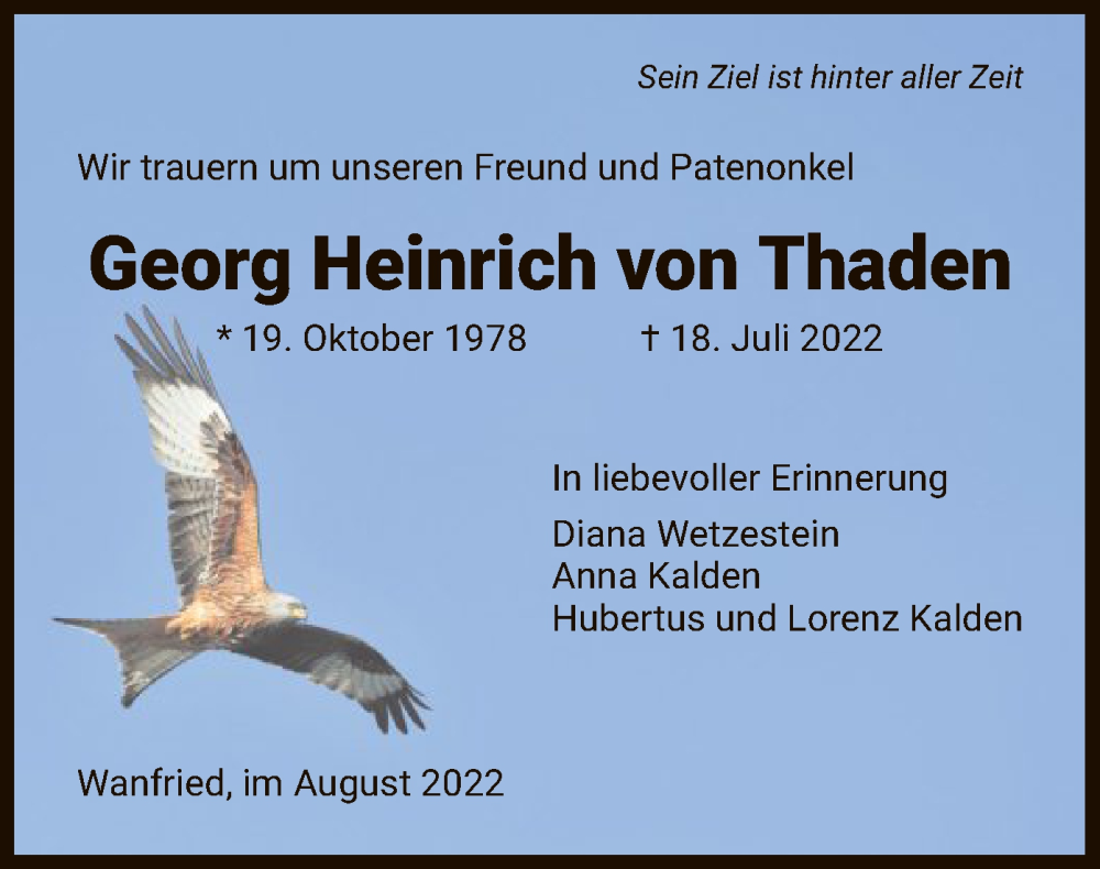  Traueranzeige für Georg Heinrich von Thaden vom 13.08.2022 aus WRS