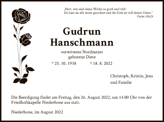 Traueranzeige von Gudrun Hanschmann von WRS