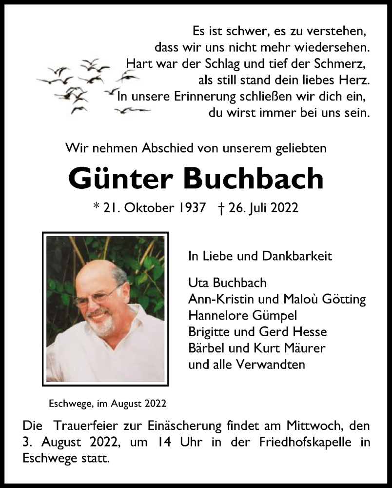  Traueranzeige für Günter Buchbach vom 02.08.2022 aus WRS