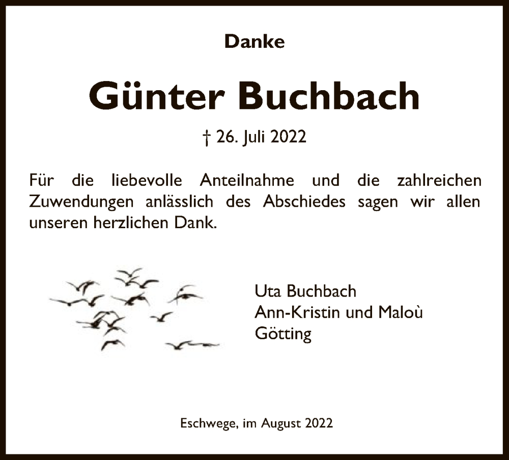  Traueranzeige für Günter Buchbach vom 06.08.2022 aus WRS