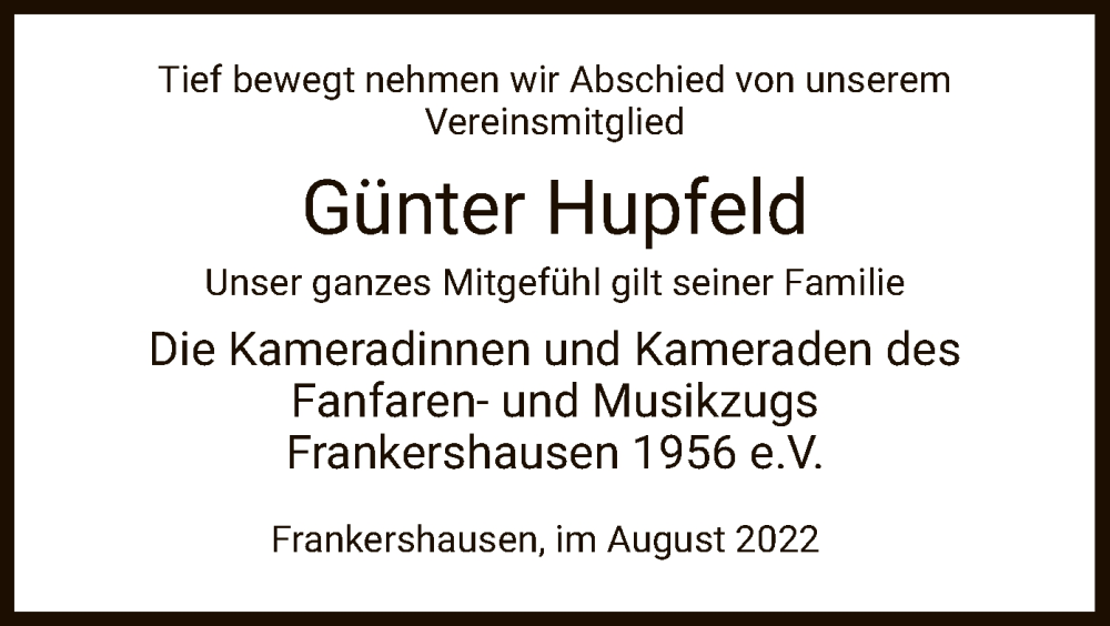  Traueranzeige für Günter Hupfeld vom 17.08.2022 aus WRS