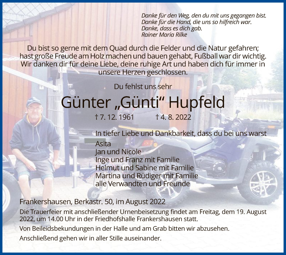  Traueranzeige für Günter Hupfeld vom 17.08.2022 aus WRS