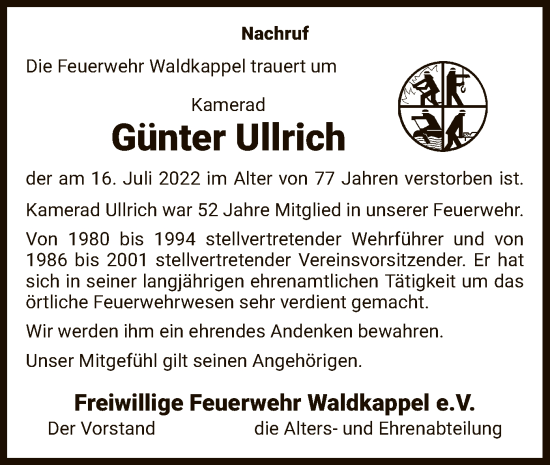 Traueranzeige von Günter Ullrich von WRS