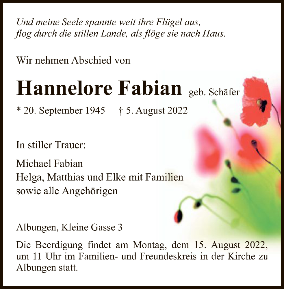  Traueranzeige für Hannelore Fabian vom 10.08.2022 aus WRS