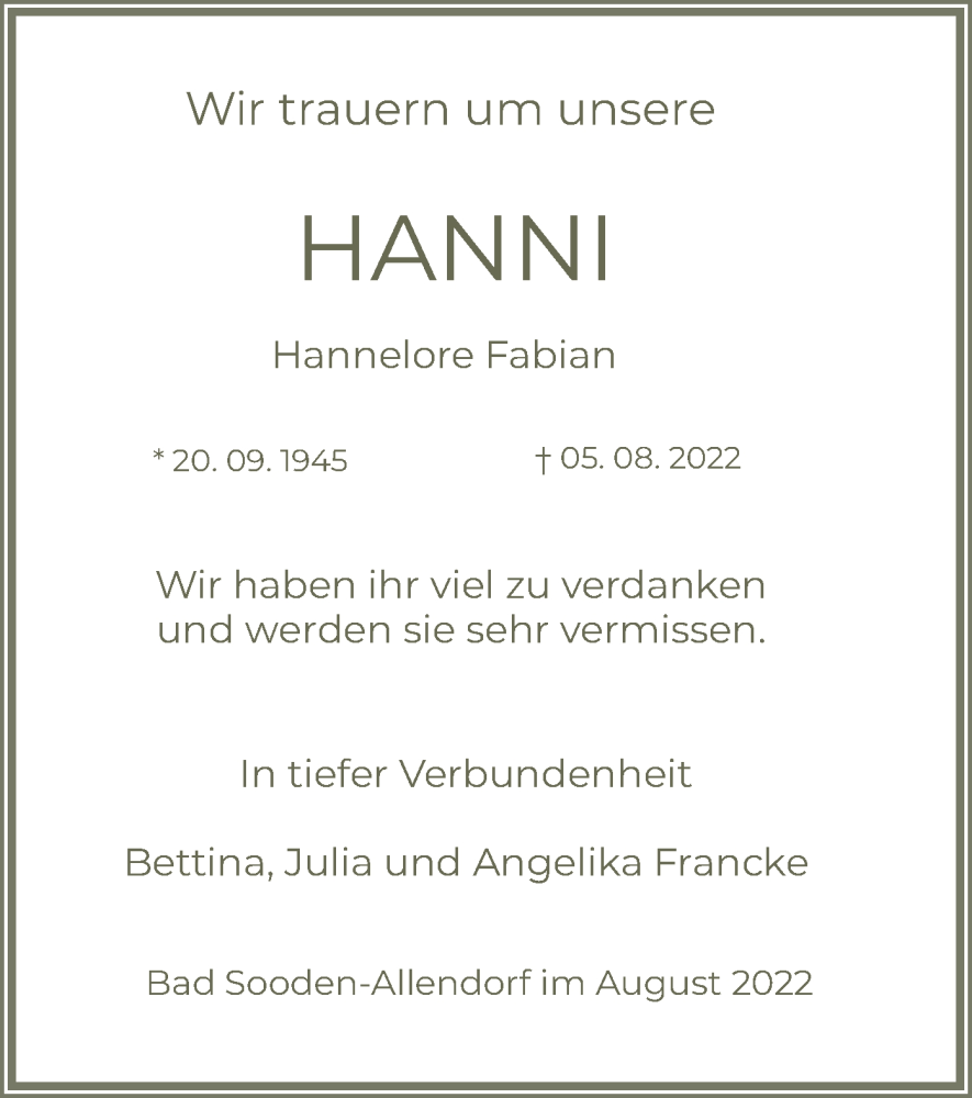  Traueranzeige für Hannelore Fabian vom 10.08.2022 aus HNA