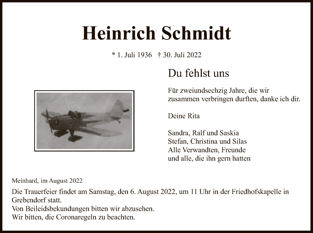  Traueranzeige für Heinrich Schmidt vom 04.08.2022 aus WRS