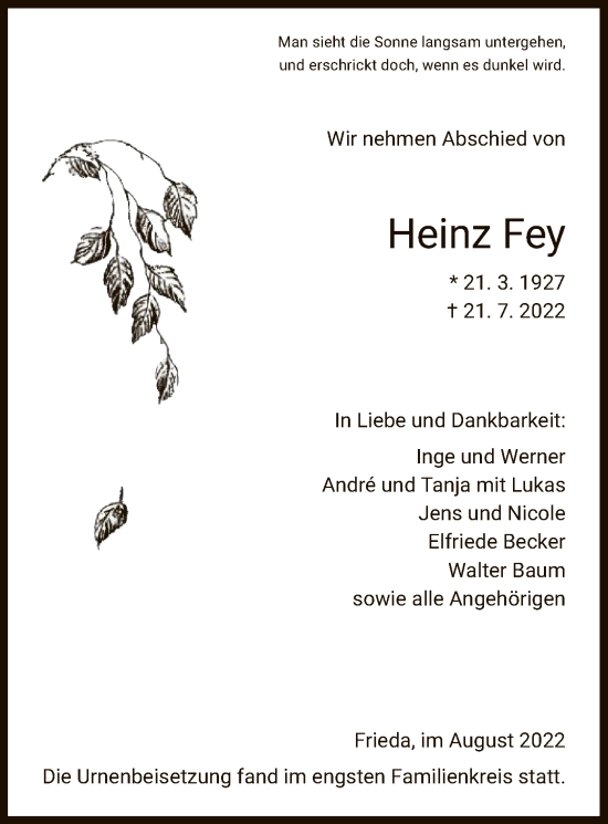 Traueranzeige von Heinz Fey von WRS