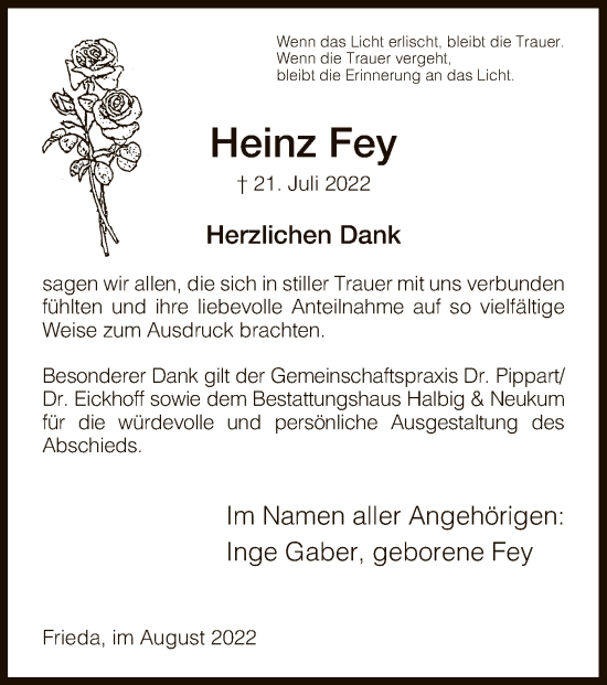 Traueranzeige von Heinz Fey von WRS