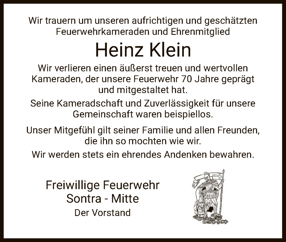  Traueranzeige für Heinz Klein vom 06.08.2022 aus WRS