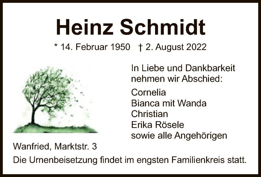  Traueranzeige für Heinz Schmidt vom 06.08.2022 aus WRS