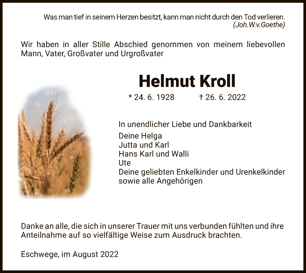 Traueranzeige für Helmut Kroll vom 06.08.2022 aus WRS