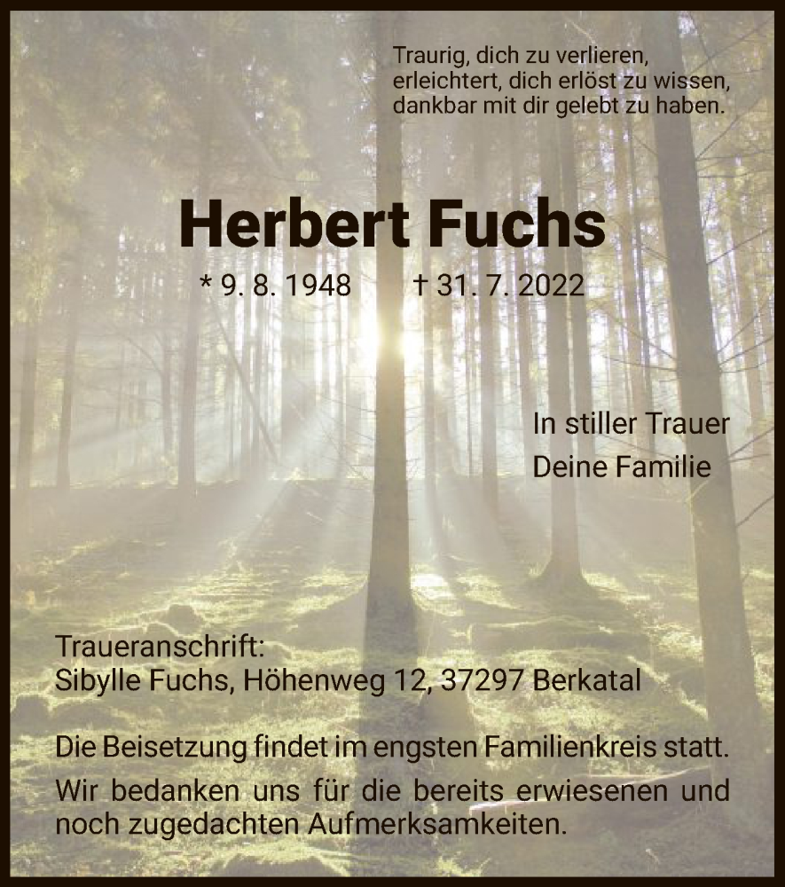  Traueranzeige für Herbert Fuchs vom 03.08.2022 aus WRS