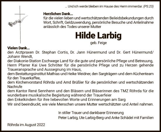 Traueranzeige von Hilde Larbig von WRS