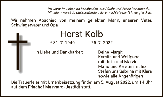 Traueranzeige von Horst Kolb von WRS