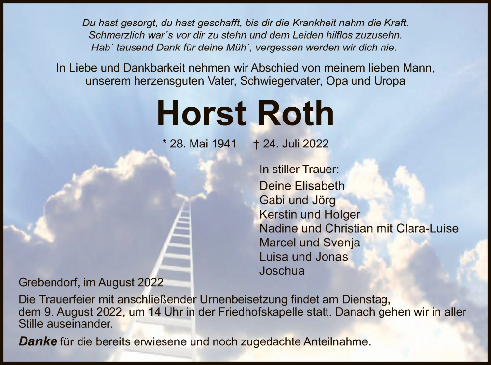  Traueranzeige für Horst Roth vom 06.08.2022 aus WRS