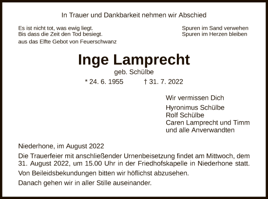 Traueranzeige von Inge Lamprecht von WRS