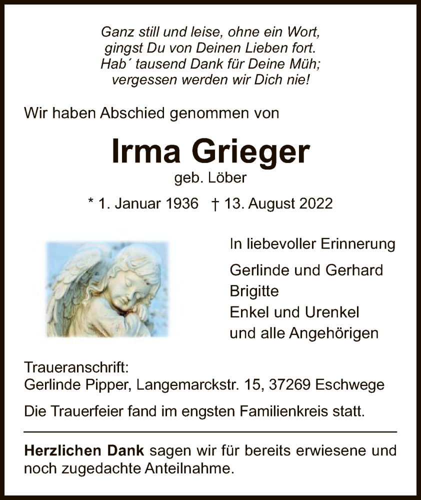  Traueranzeige für Irma Grieger vom 24.08.2022 aus WRS