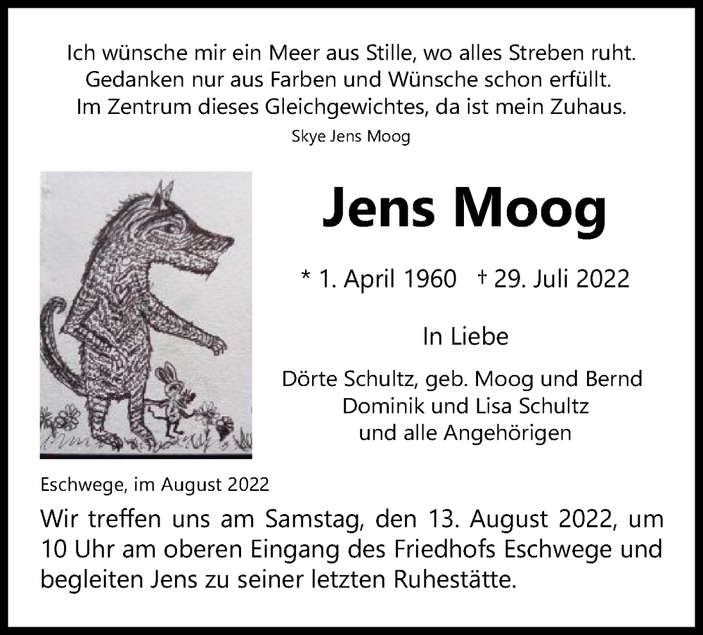  Traueranzeige für Jens Moog vom 06.08.2022 aus WRS