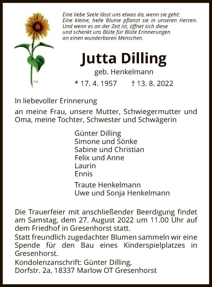  Traueranzeige für Jutta Dilling vom 20.08.2022 aus WRS