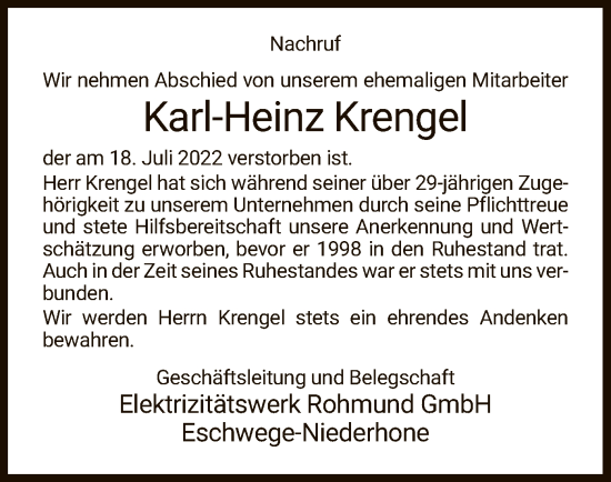 Traueranzeige von Karl-Heinz Krengel von WRS