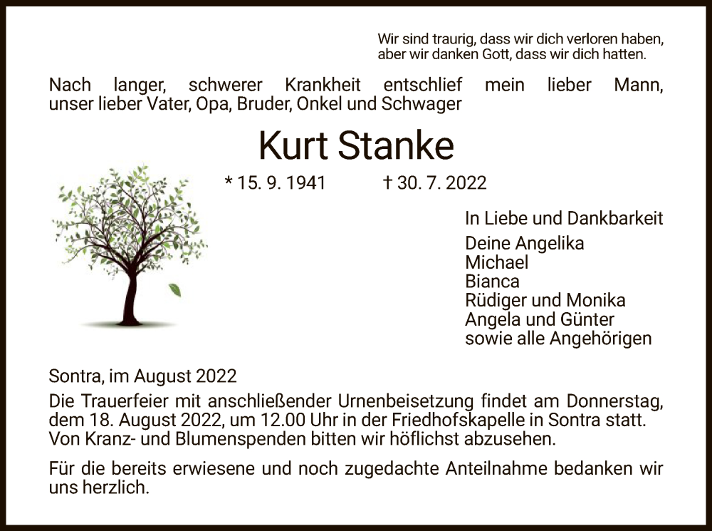  Traueranzeige für Kurt Stanke vom 13.08.2022 aus WRS