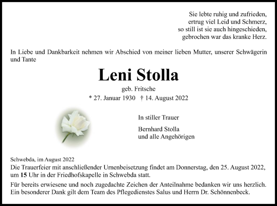 Traueranzeige von Leni Stolla von WRS