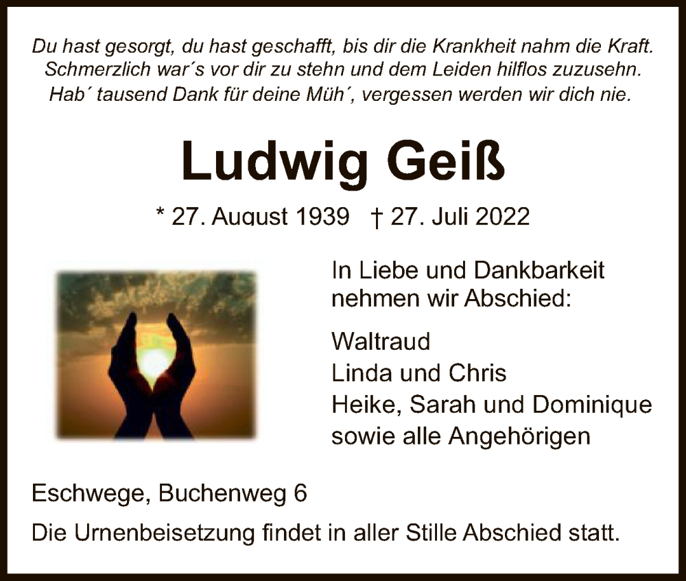  Traueranzeige für Ludwig Geiß vom 06.08.2022 aus WRS