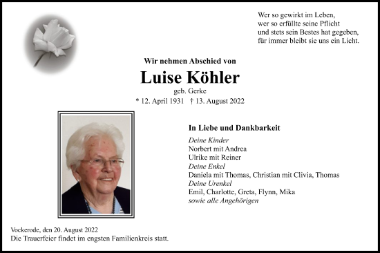 Traueranzeige von Luise Köhler von WRS