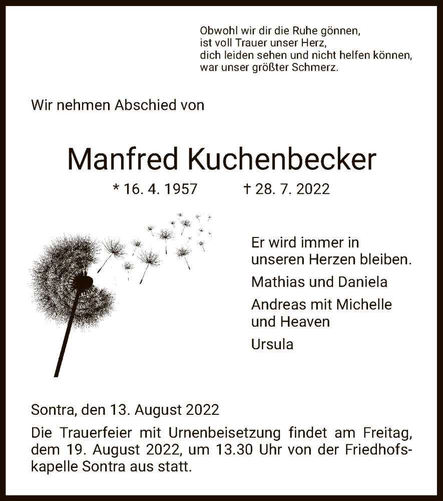  Traueranzeige für Manfred Kuchenbecker vom 13.08.2022 aus WRS
