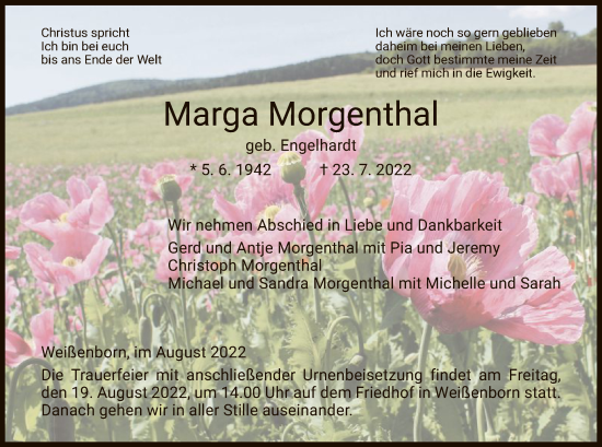 Traueranzeige von Marga Morgenthal von WRS