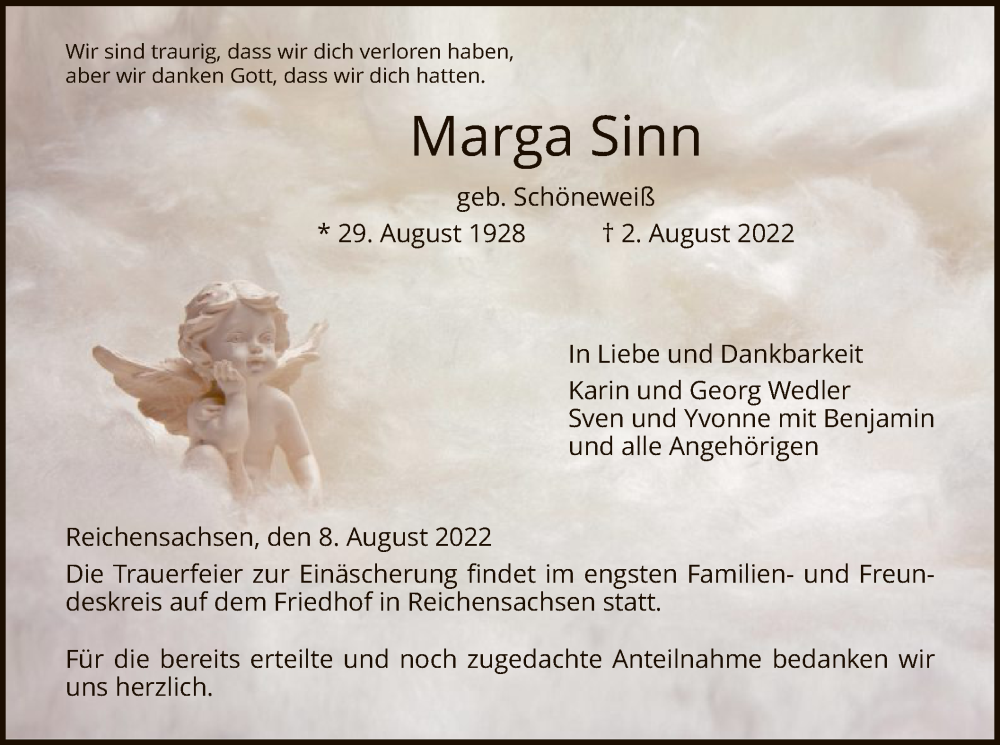  Traueranzeige für Marga Sinn vom 08.08.2022 aus WRS
