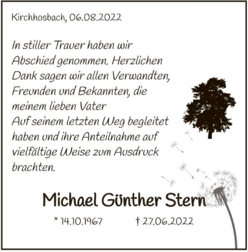  Traueranzeige für Michael Günther Stern vom 10.08.2022 aus WRS