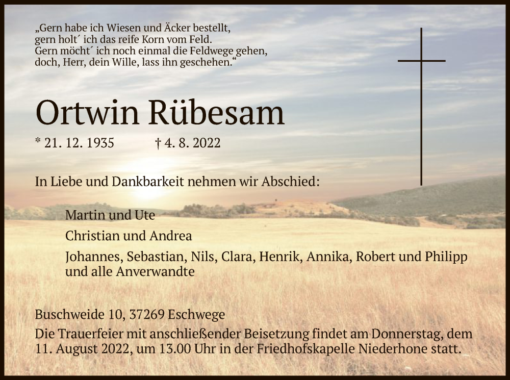  Traueranzeige für Ortwin Rübesam vom 09.08.2022 aus WRS
