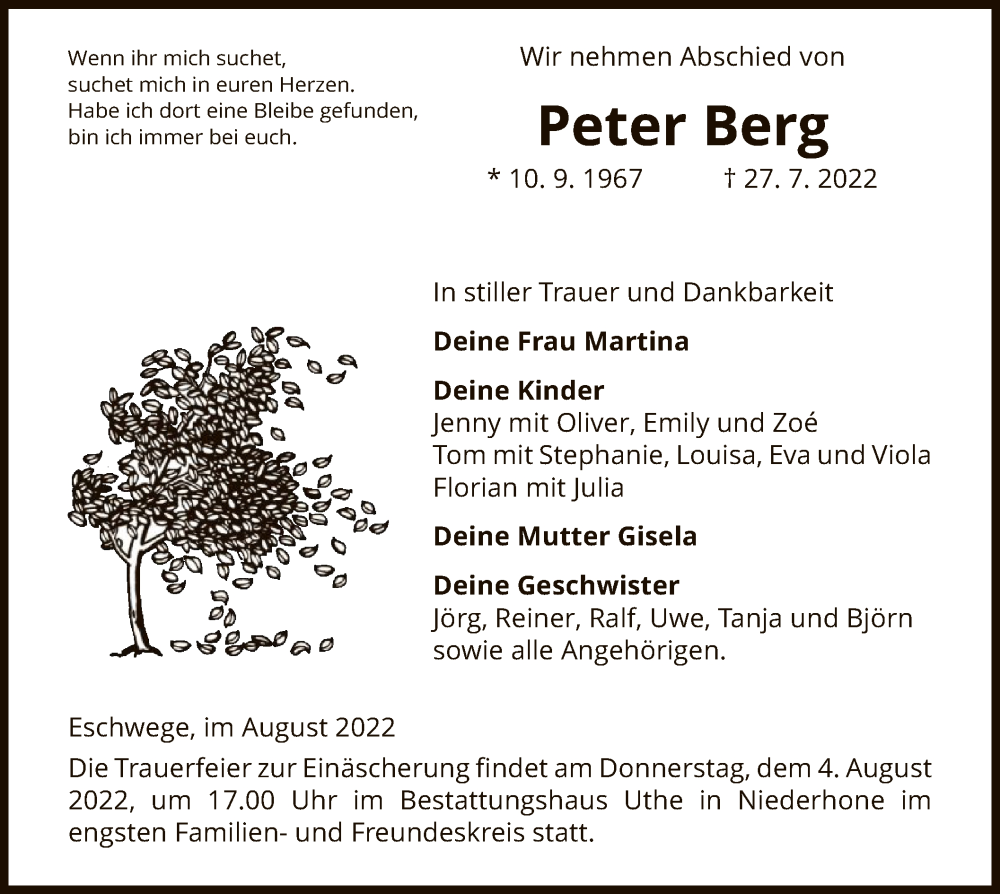  Traueranzeige für Peter Berg vom 03.08.2022 aus WRS