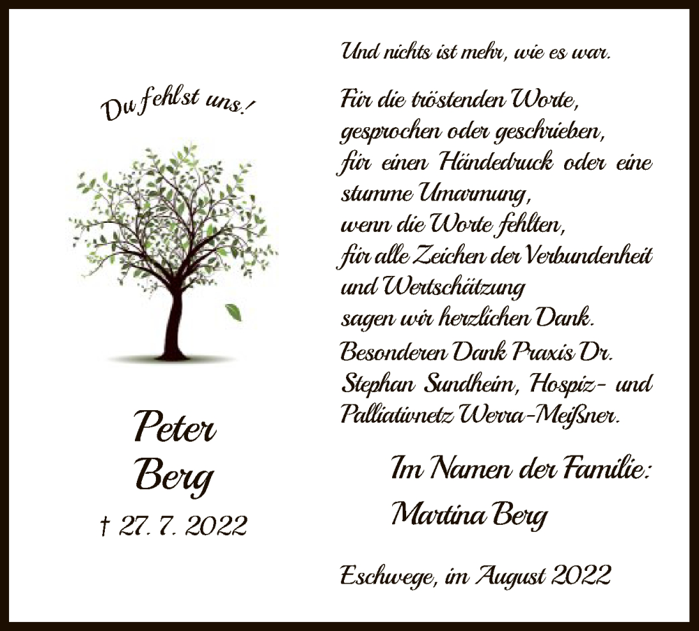  Traueranzeige für Peter Berg vom 20.08.2022 aus WRS