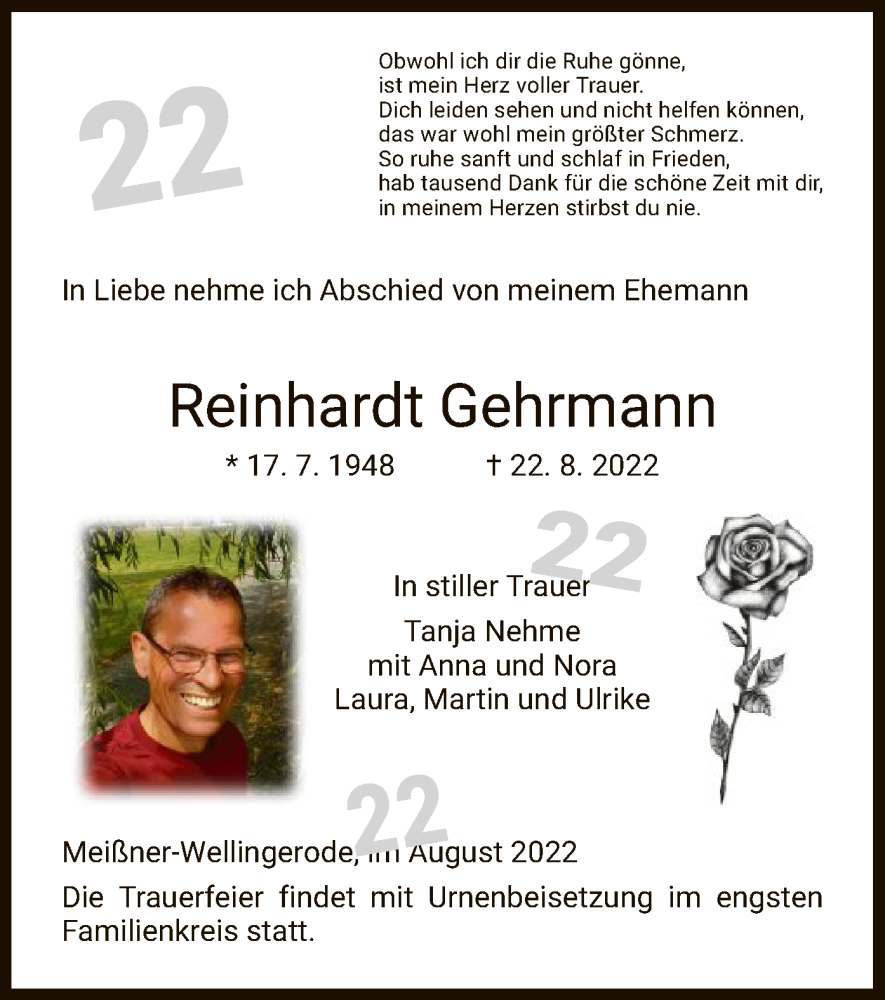  Traueranzeige für Reinhardt Gehrmann vom 27.08.2022 aus WRS