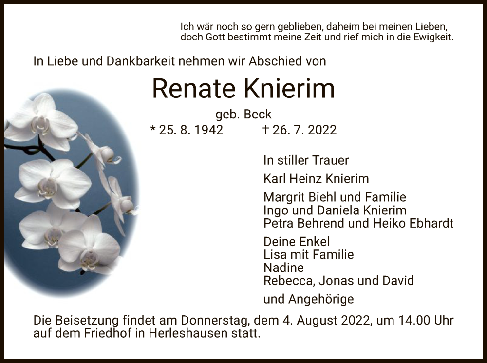  Traueranzeige für Renate Knierim vom 02.08.2022 aus WRS