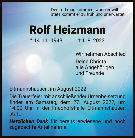 Traueranzeige von Rolf Heizmann von WRS