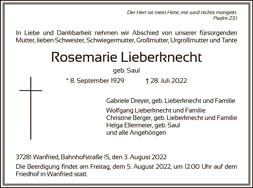  Traueranzeige für Rosemarie Lieberknecht vom 03.08.2022 aus WRS