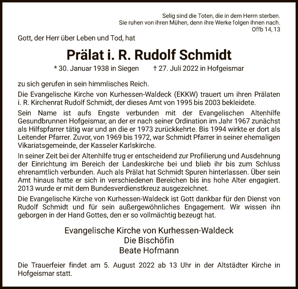  Traueranzeige für Rudolf Schmidt vom 03.08.2022 aus HNA