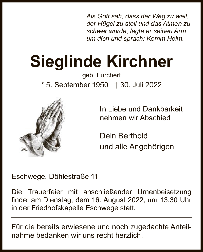  Traueranzeige für Sieglinde Kirchner vom 13.08.2022 aus WRS